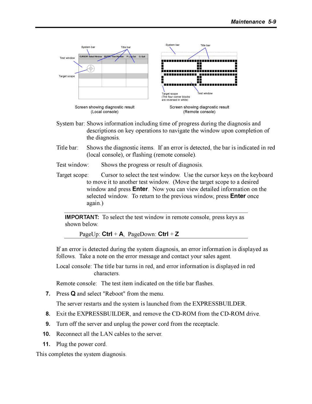 NEC 5800 manual Screen showing diagnostic result Local console 