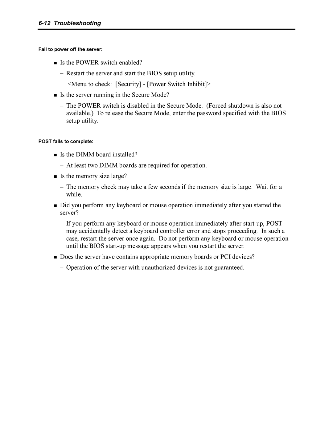 NEC 5800 manual Fail to power off the server, Post fails to complete 