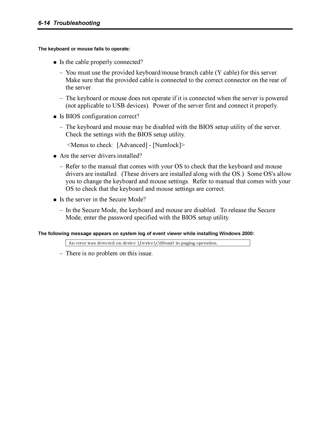 NEC 5800 manual Keyboard or mouse fails to operate 