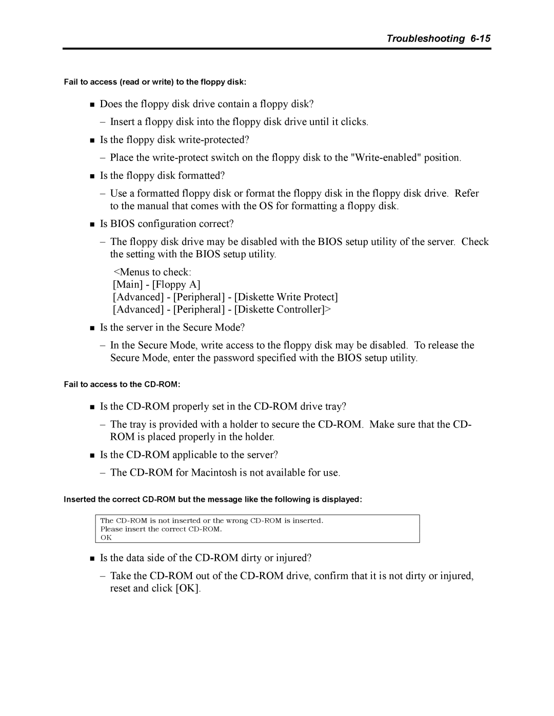 NEC 5800 manual Fail to access read or write to the floppy disk, Fail to access to the CD-ROM 