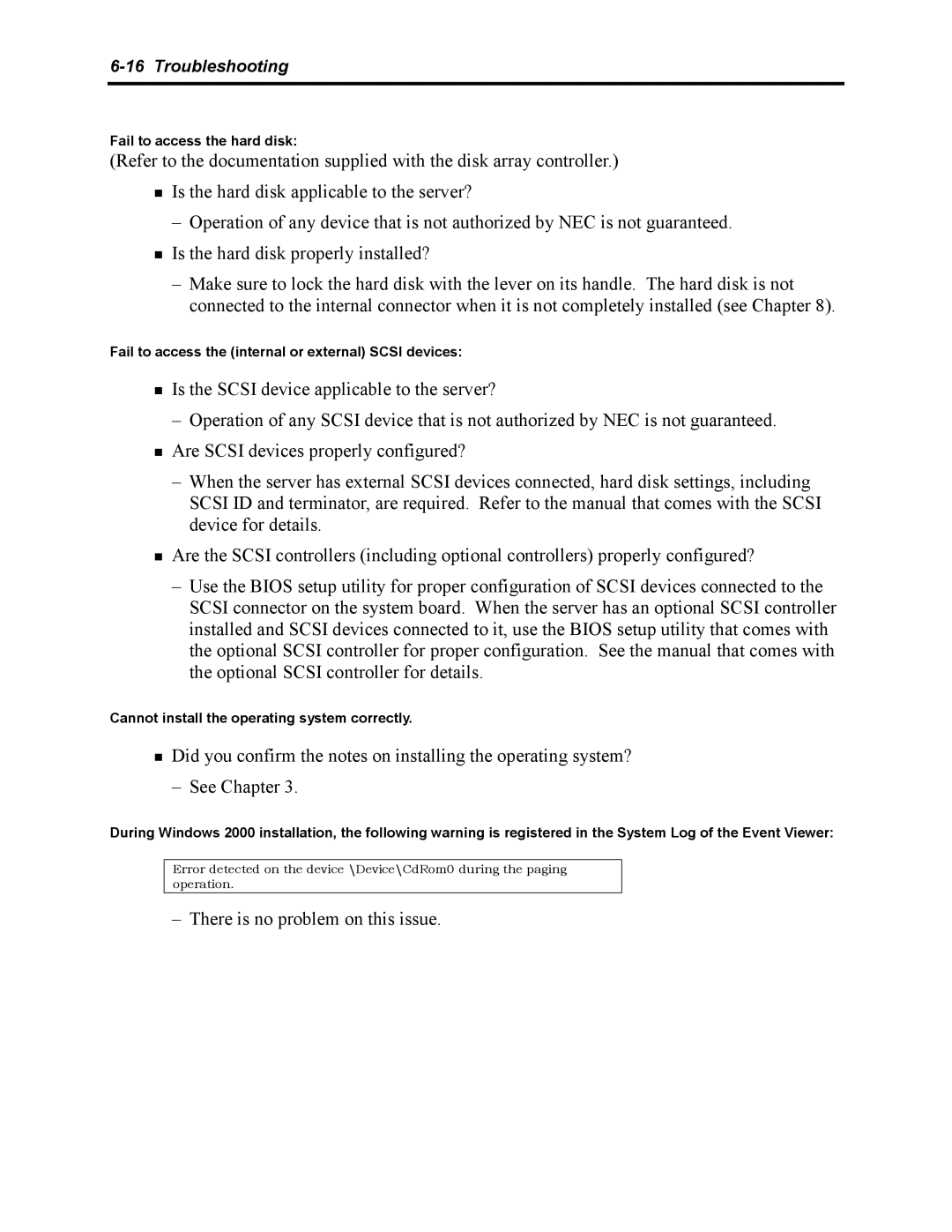 NEC 5800 manual Fail to access the hard disk, Fail to access the internal or external Scsi devices 