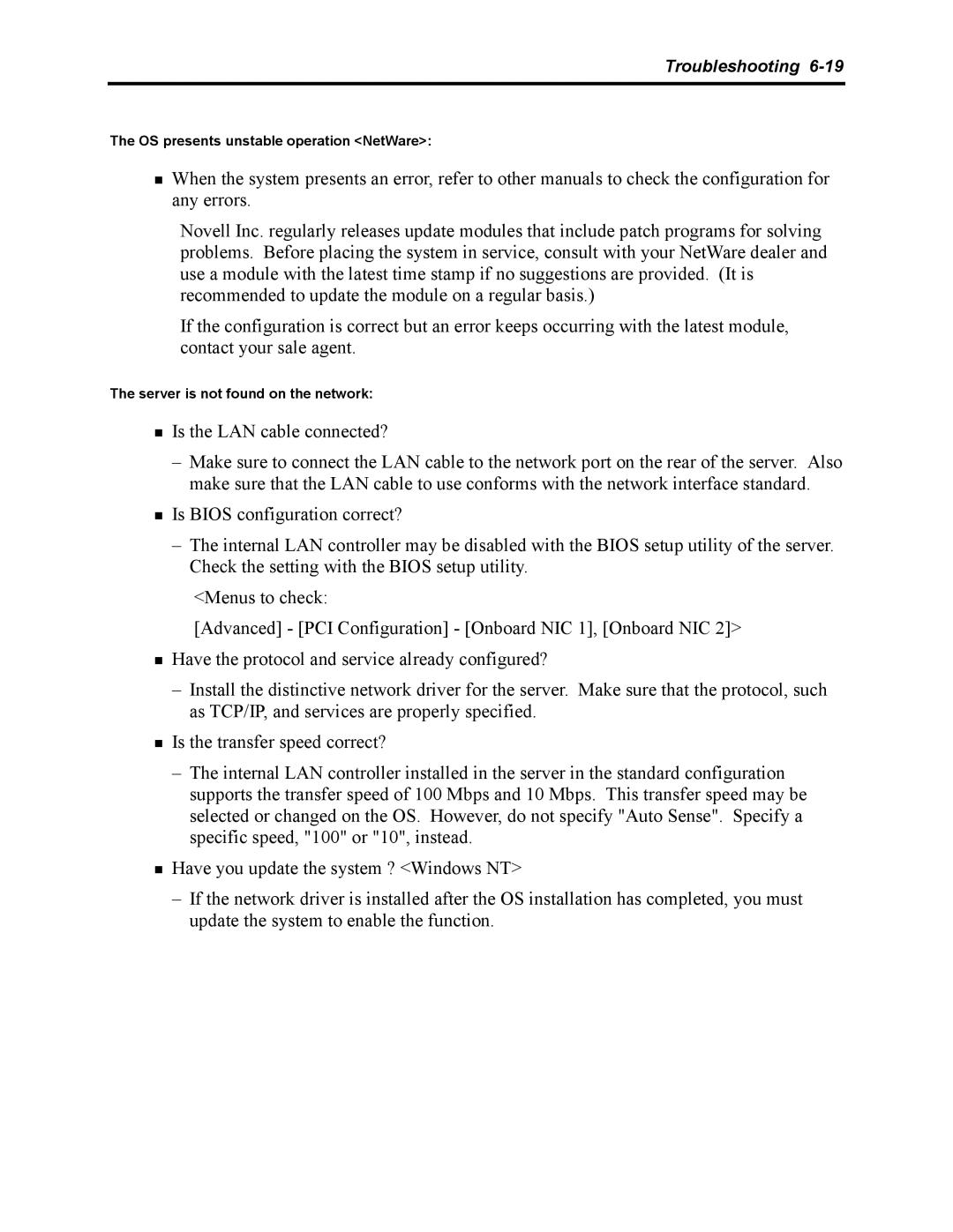 NEC 5800 manual OS presents unstable operation NetWare, Server is not found on the network 