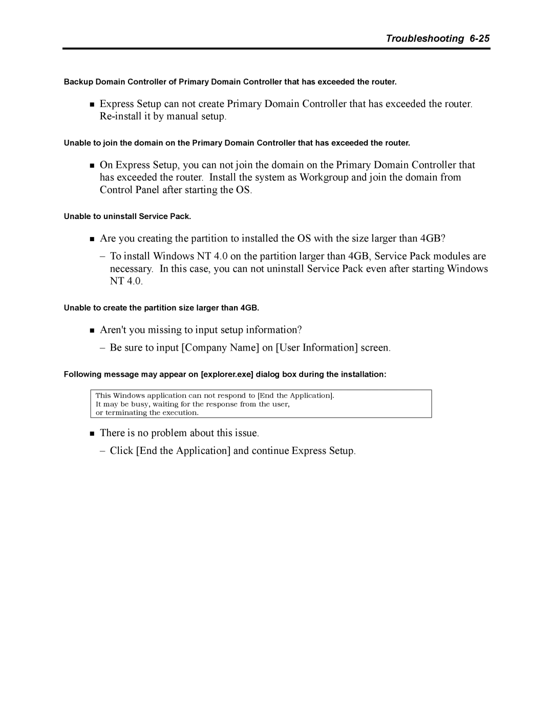 NEC 5800 manual Unable to uninstall Service Pack, Unable to create the partition size larger than 4GB 