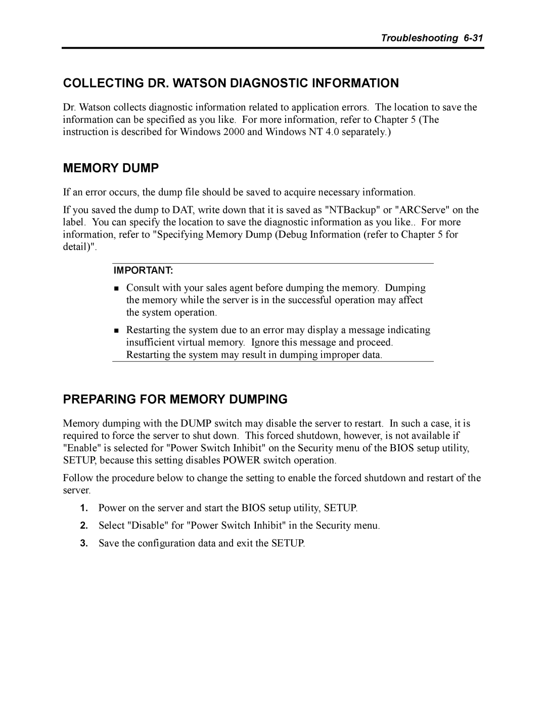 NEC 5800 manual Collecting DR. Watson Diagnostic Information, Preparing for Memory Dumping 