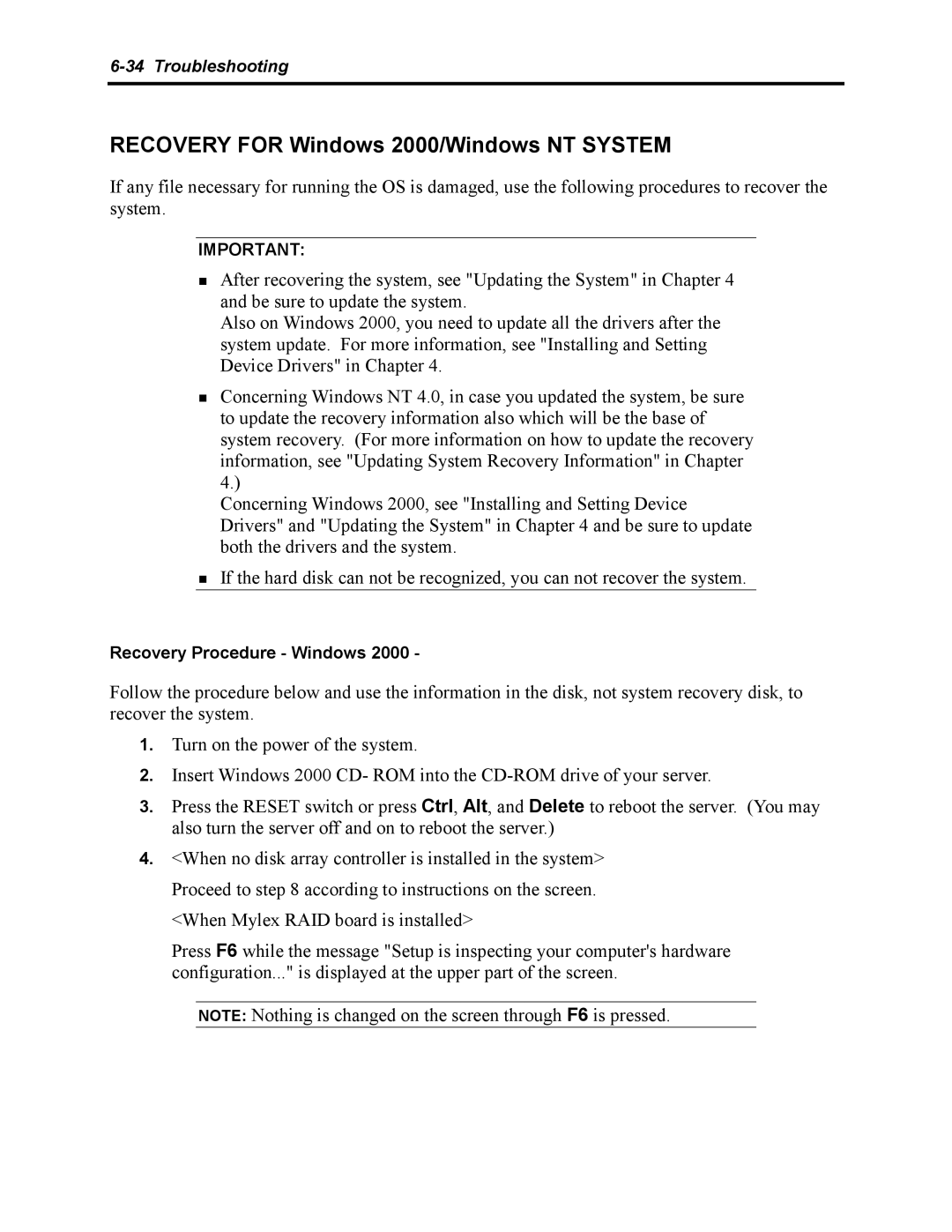 NEC 5800 manual Recovery for Windows 2000/Windows NT System 