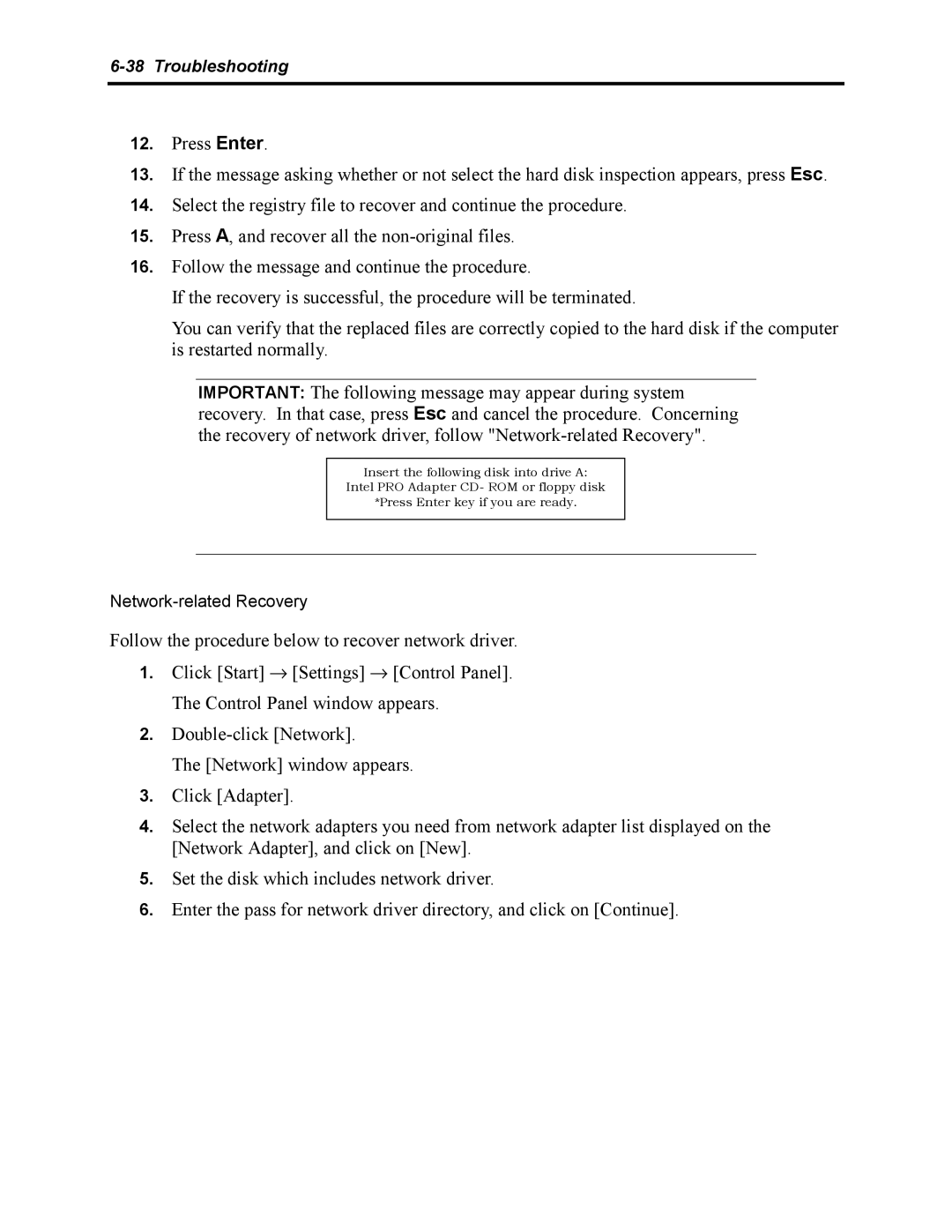 NEC 5800 manual Network-related Recovery 