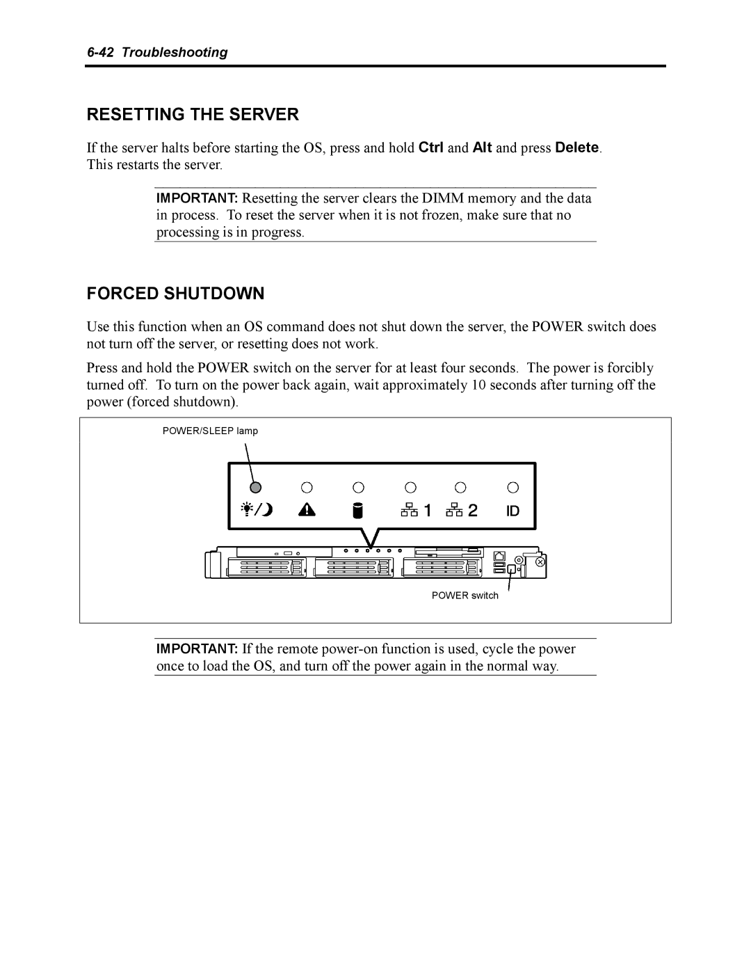 NEC 5800 manual Resetting the Server, Forced Shutdown 