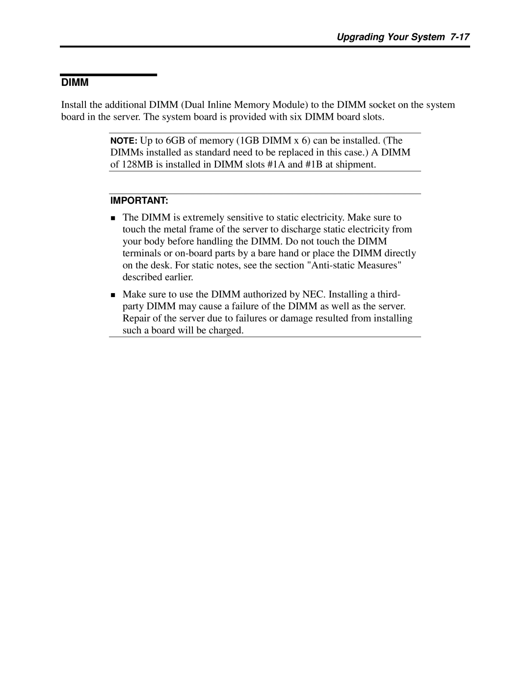 NEC 5800 manual Dimm 