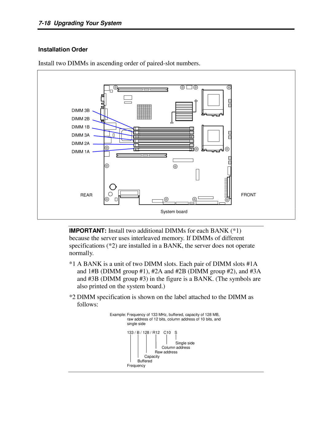 NEC 5800 manual Install two DIMMs in ascending order of paired-slot numbers 