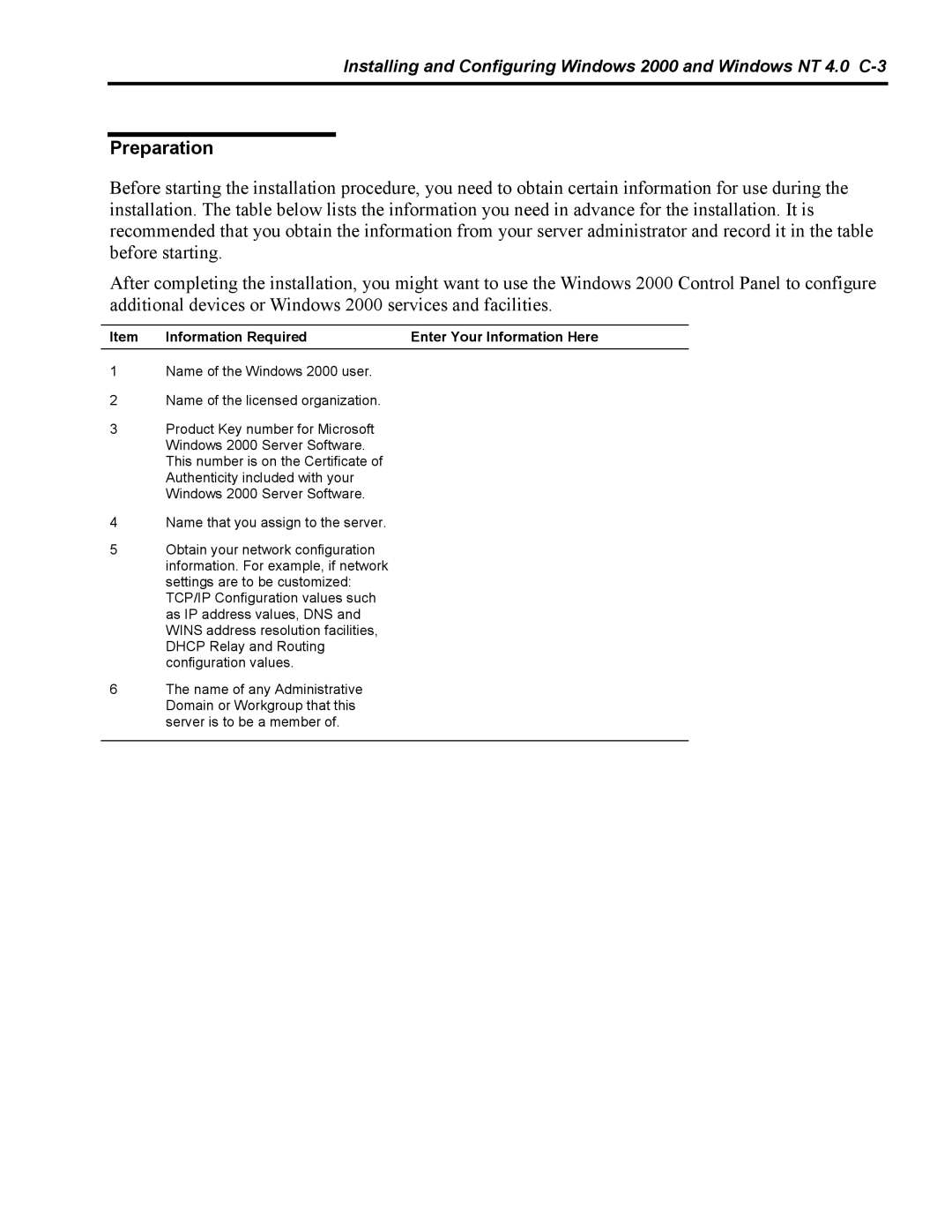 NEC 5800 manual Preparation, Information Required Enter Your Information Here 