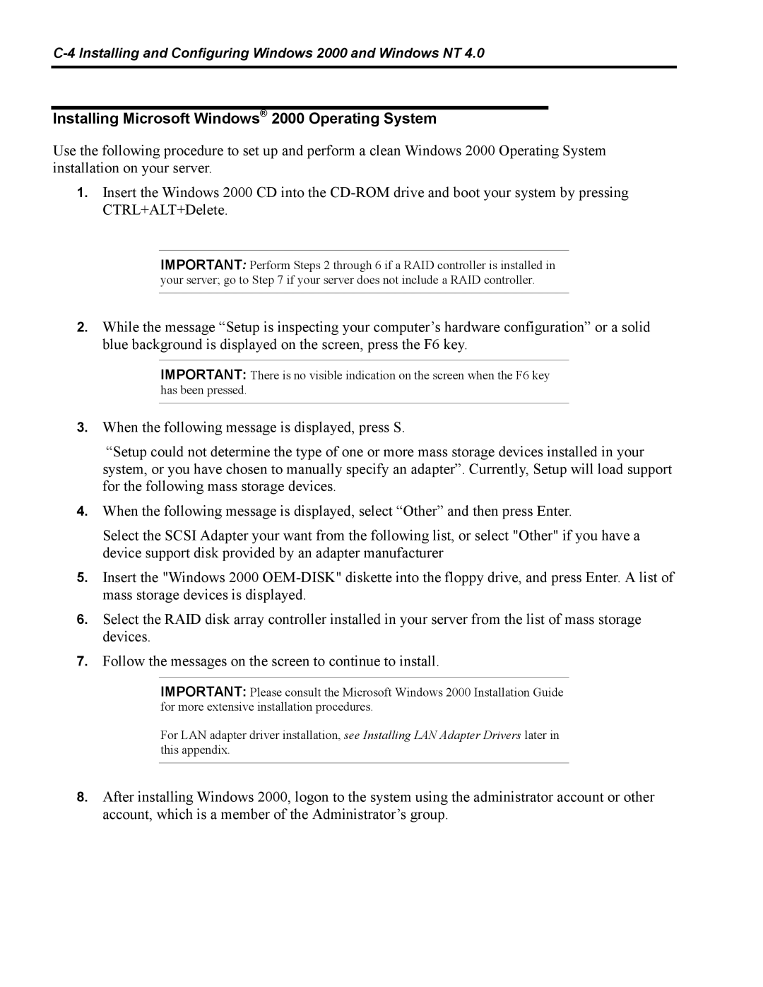 NEC 5800 manual Installing Microsoft Windows 2000 Operating System 