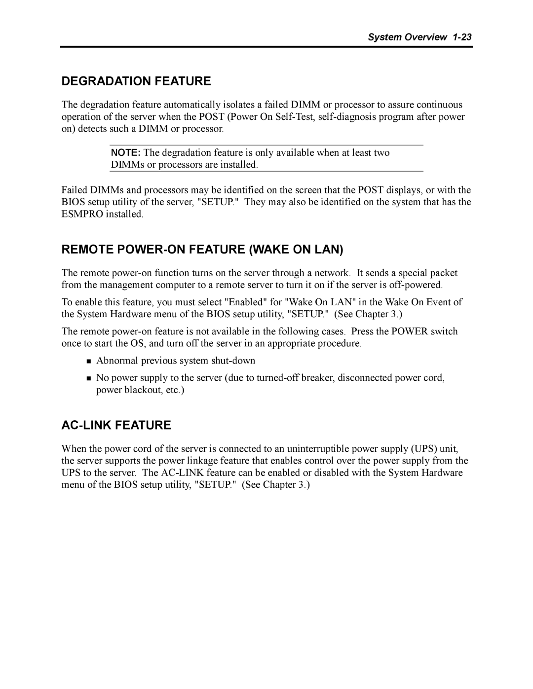 NEC 5800 manual Degradation Feature, Remote POWER-ON Feature Wake on LAN, AC-LINK Feature 