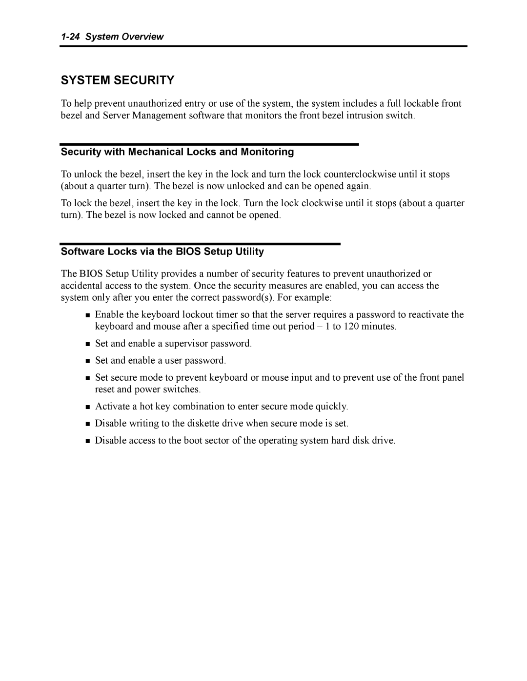 NEC 5800 manual System Security, Security with Mechanical Locks and Monitoring, Software Locks via the Bios Setup Utility 