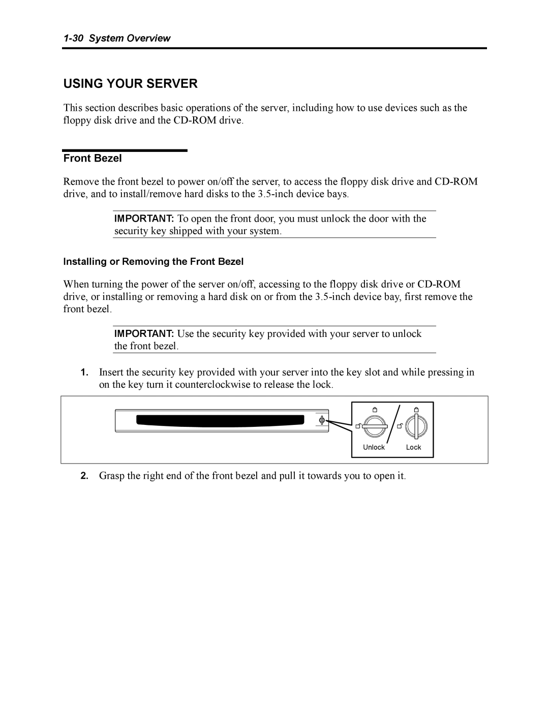 NEC 5800 manual Using Your Server, Front Bezel 