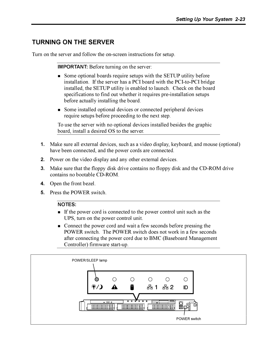 NEC 5800 manual Turning on the Server 