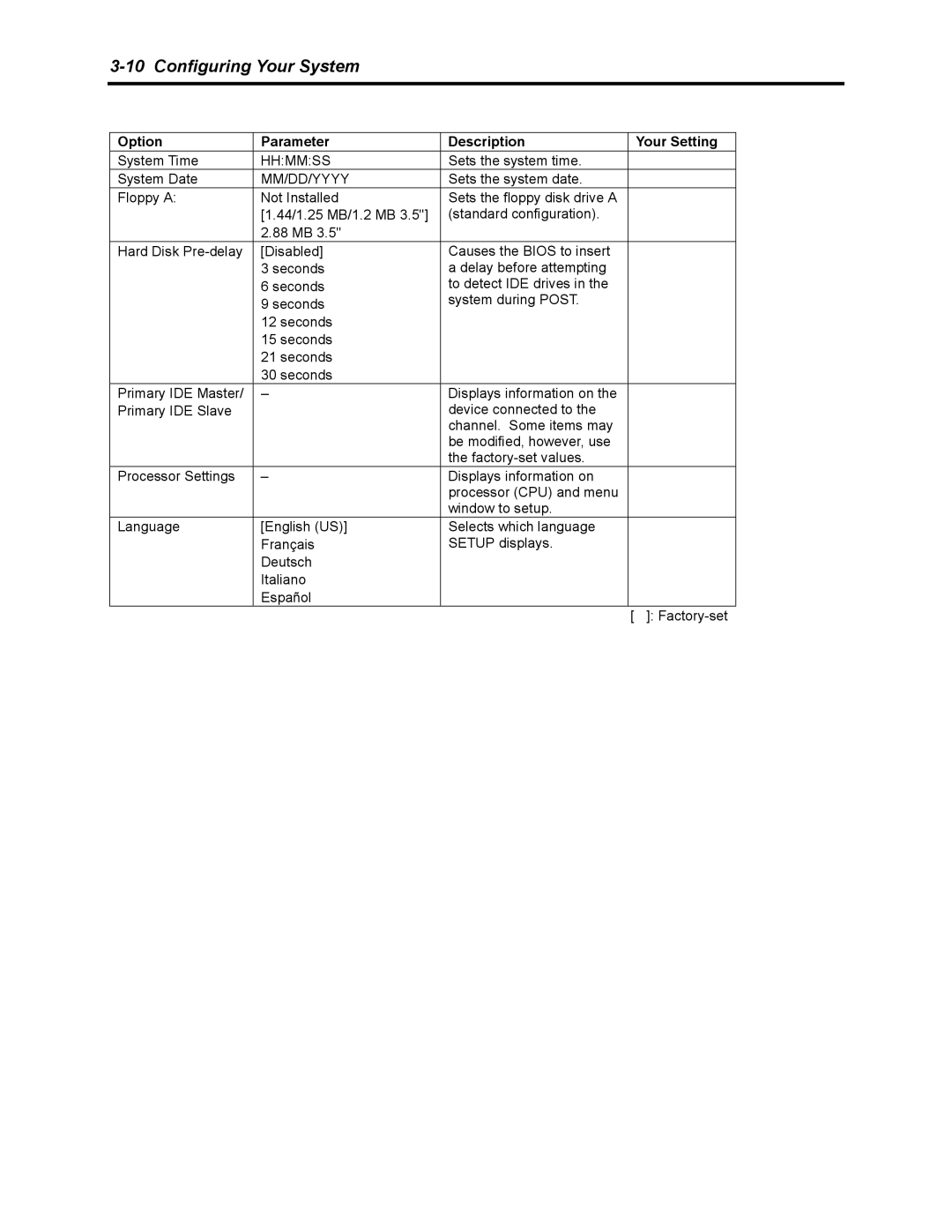 NEC 5800 manual Option Parameter Description Your Setting, Mm/Dd/Yyyy 