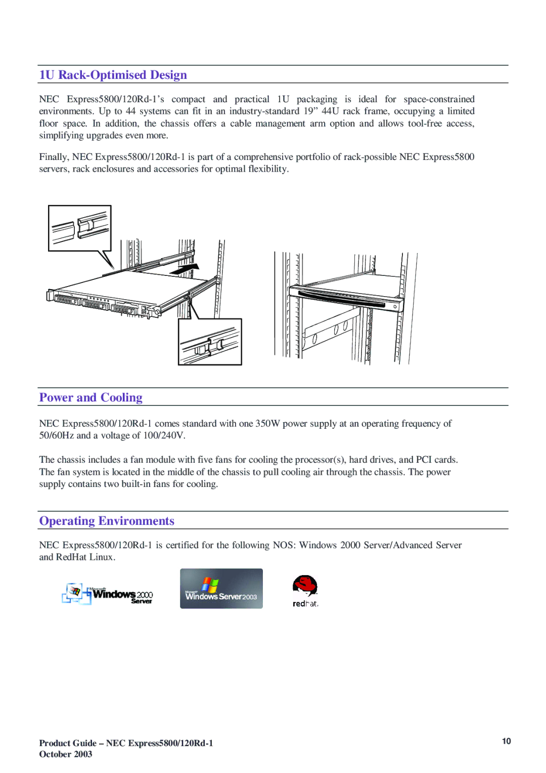 NEC 5800 manual 1U Rack-Optimised Design, Power and Cooling, Operating Environments 