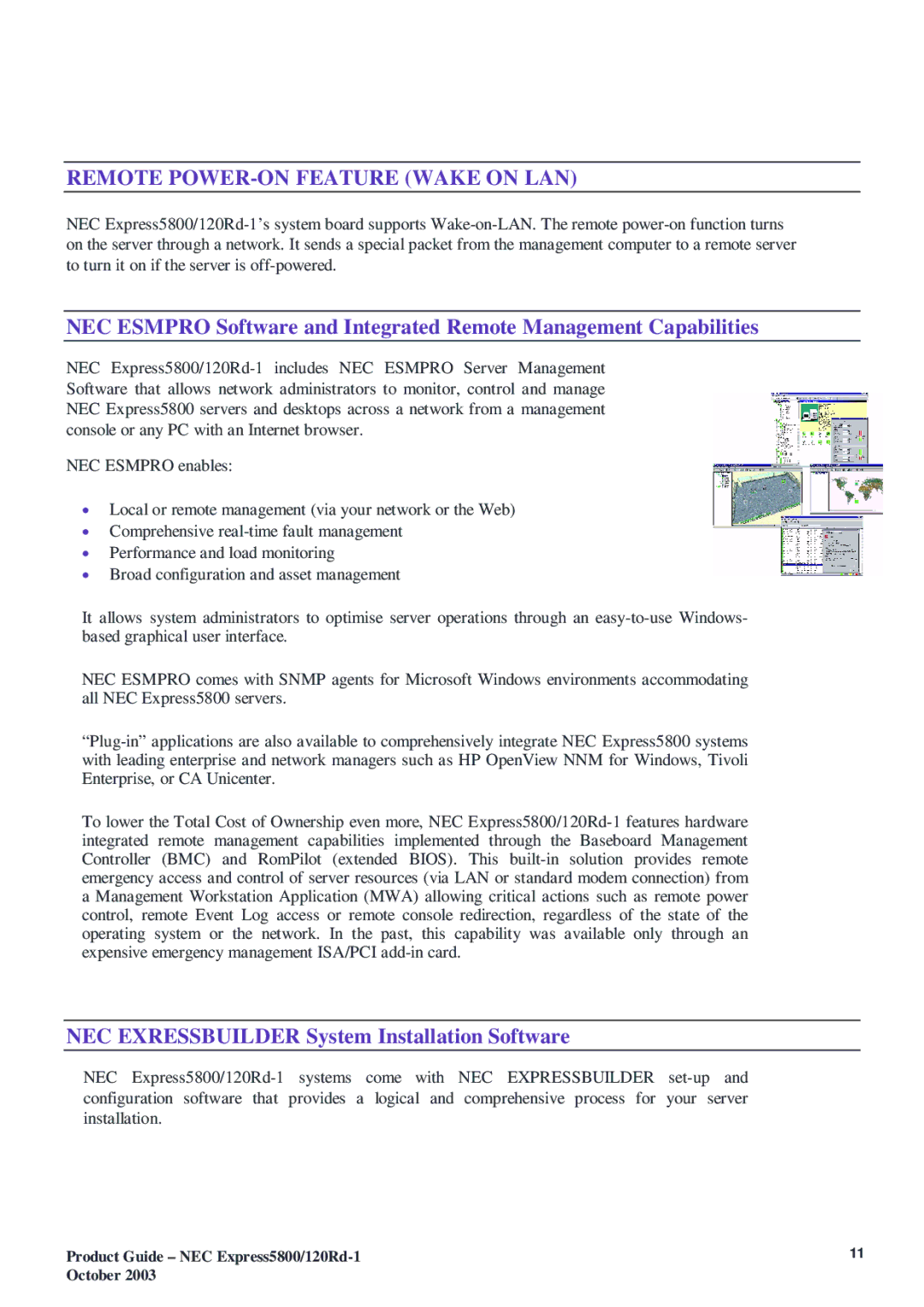 NEC 5800 manual Remote POWER-ON Feature Wake on LAN, NEC Exressbuilder System Installation Software 