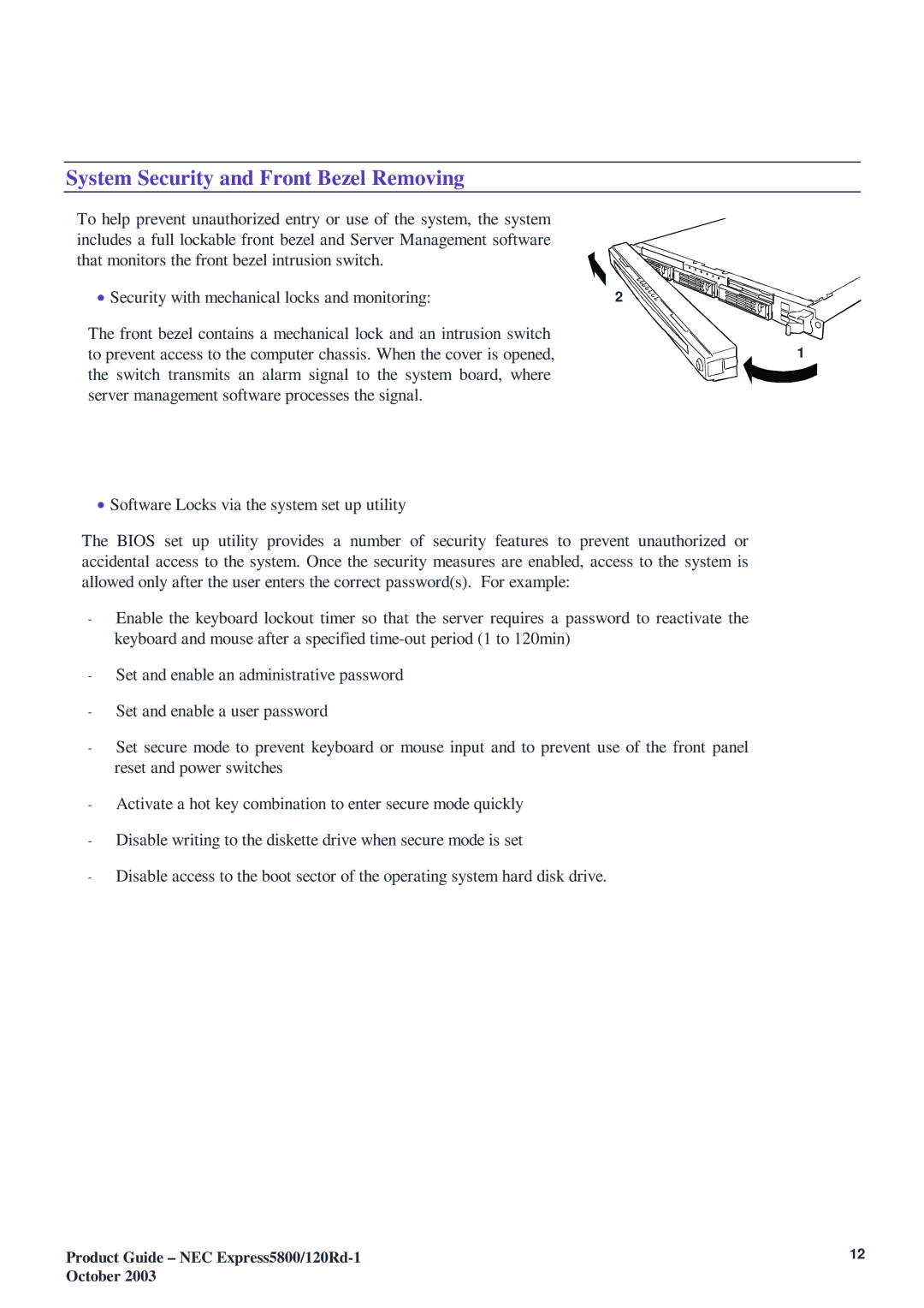 NEC 5800 manual System Security and Front Bezel Removing 