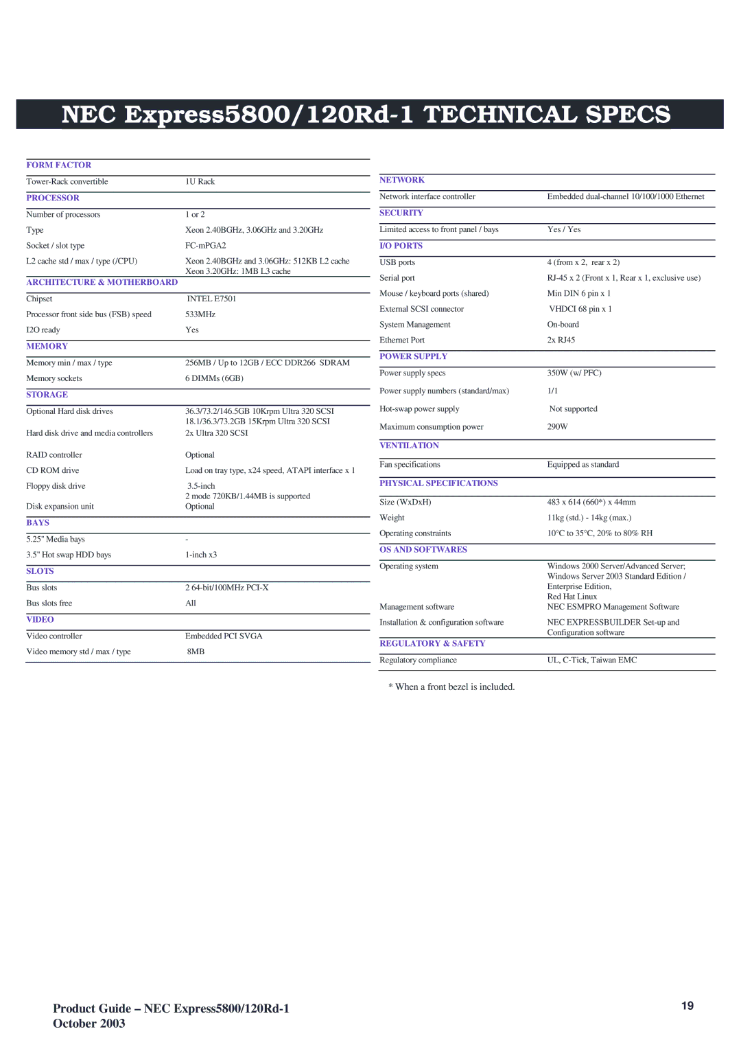 NEC manual NEC Express5800/120Rd-1 Technical Specs 