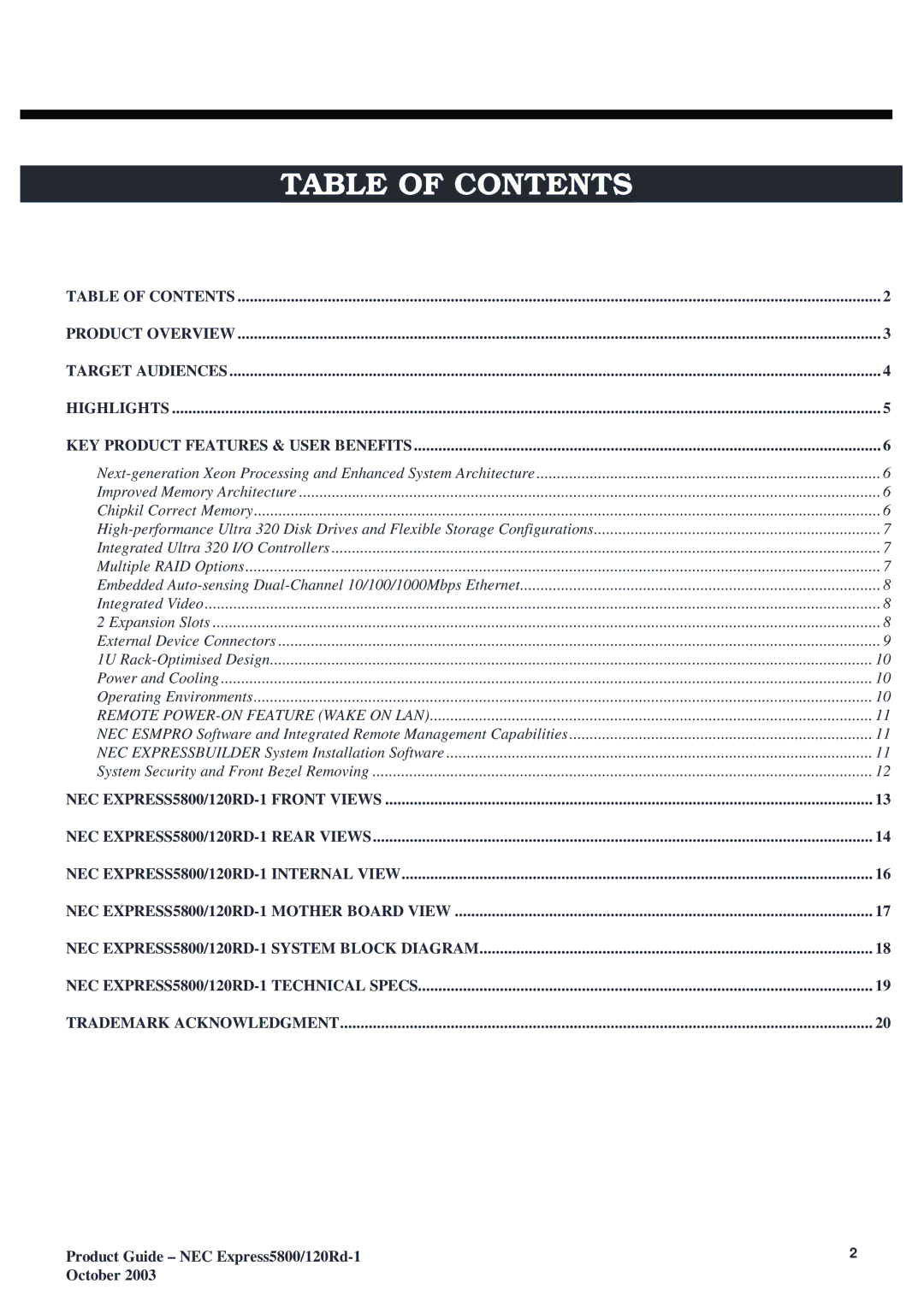 NEC 5800 manual Table of Contents 