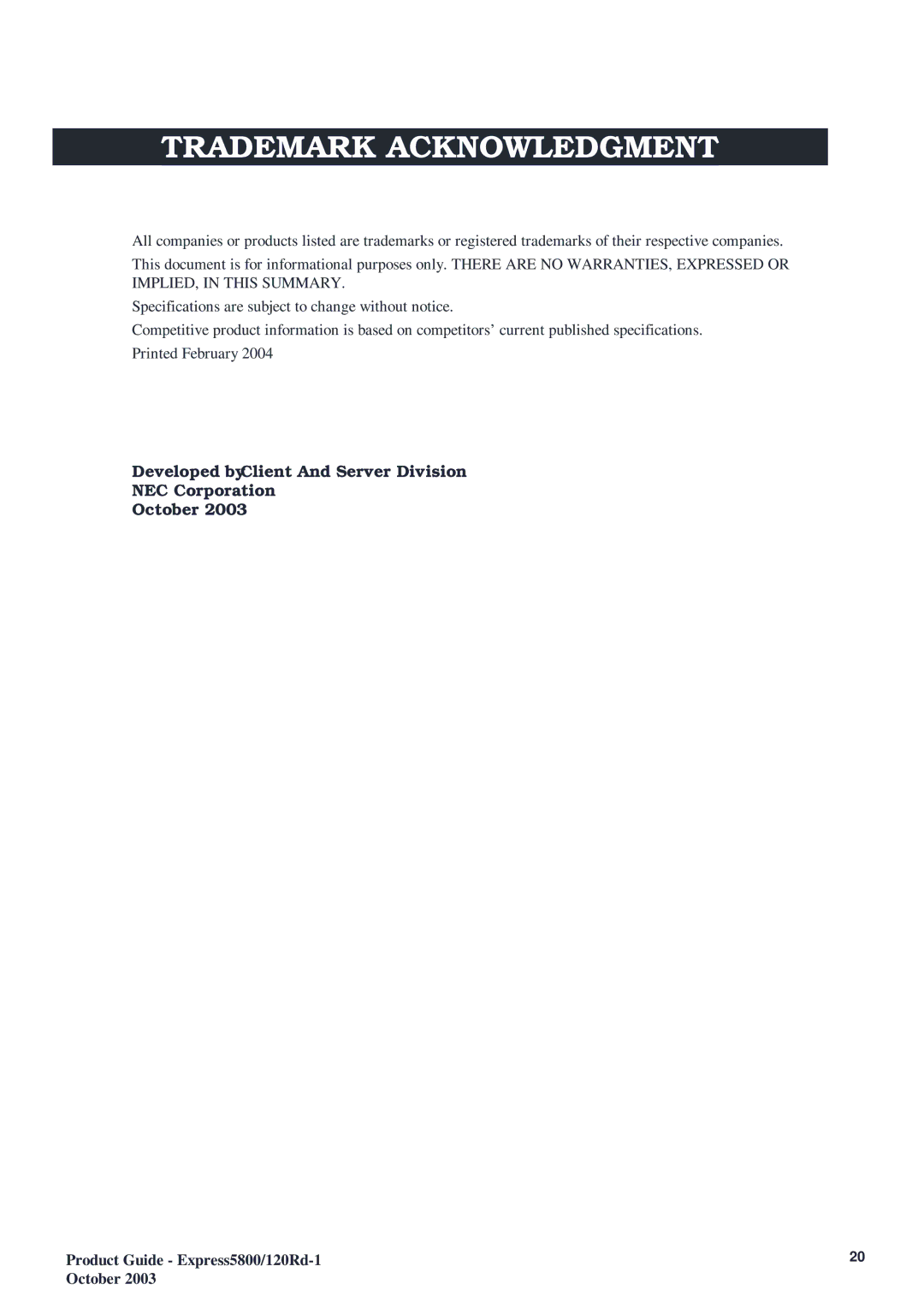 NEC 5800 manual Trademark Acknowledgment 