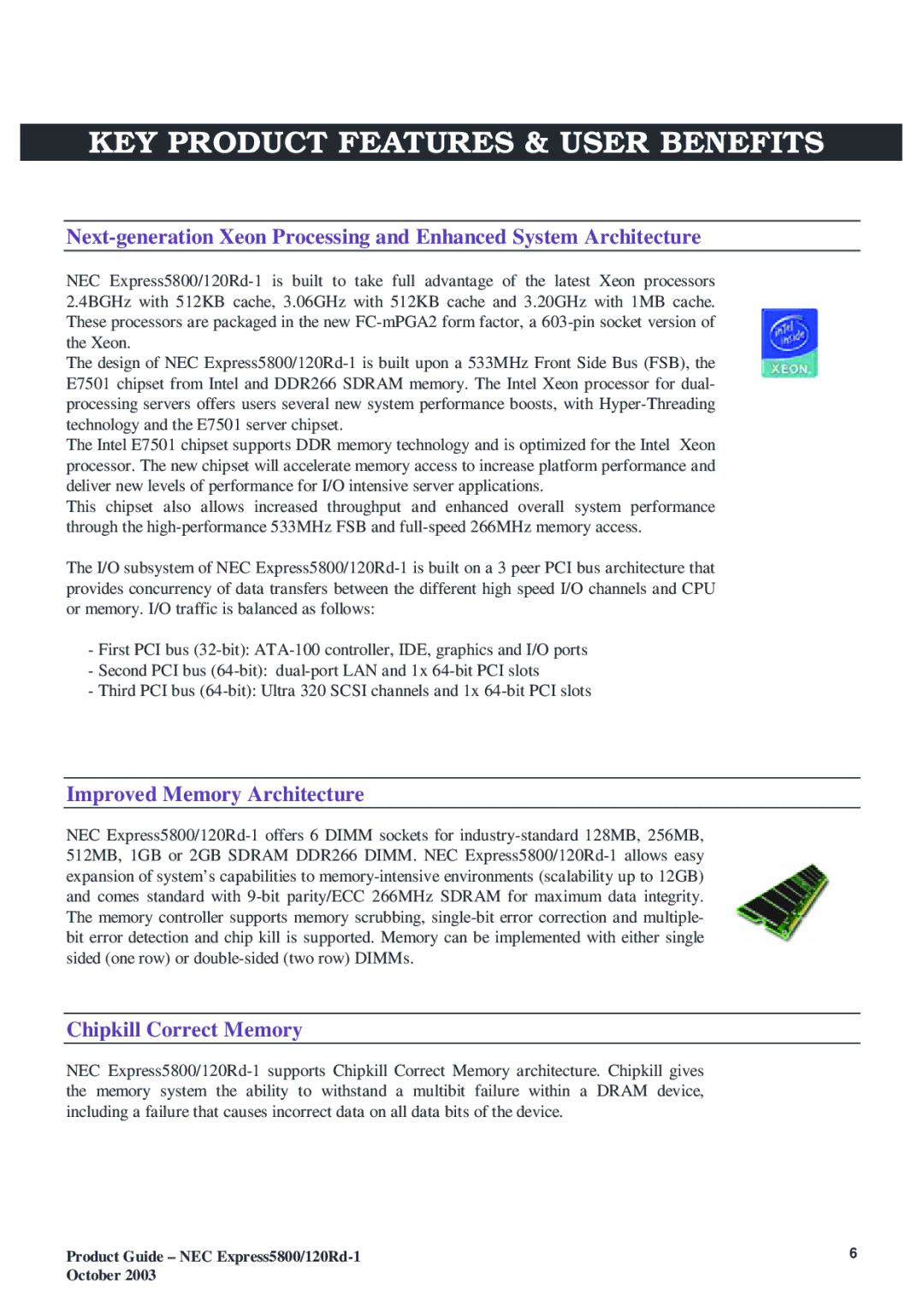 NEC 5800 manual KEY Product Features & User Benefits, Improved Memory Architecture, Chipkill Correct Memory 