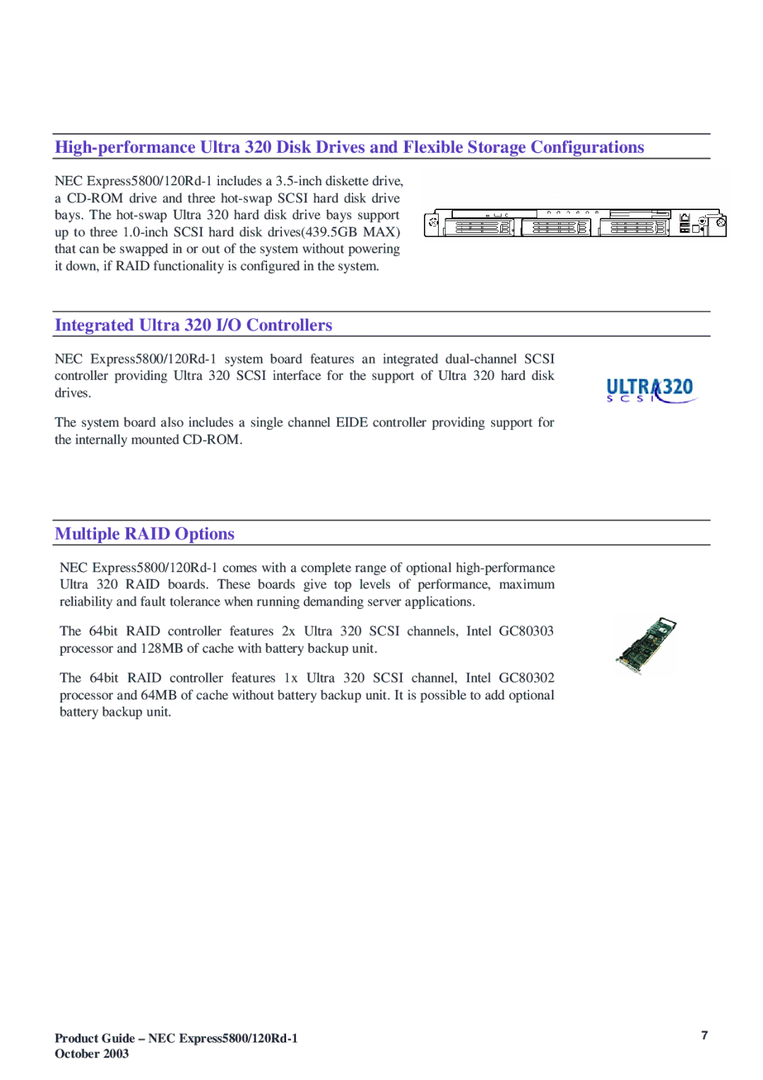 NEC 5800 manual Integrated Ultra 320 I/O Controllers, Multiple RAID Options 