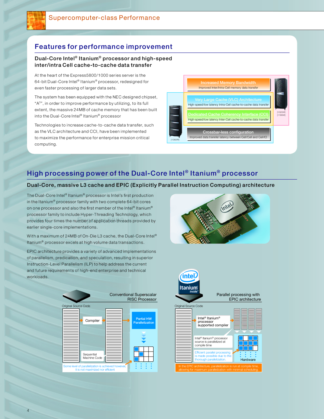 NEC 5800/1000 manual Features for performance improvement, Compiler, Intel Itanium processor supported compiler 