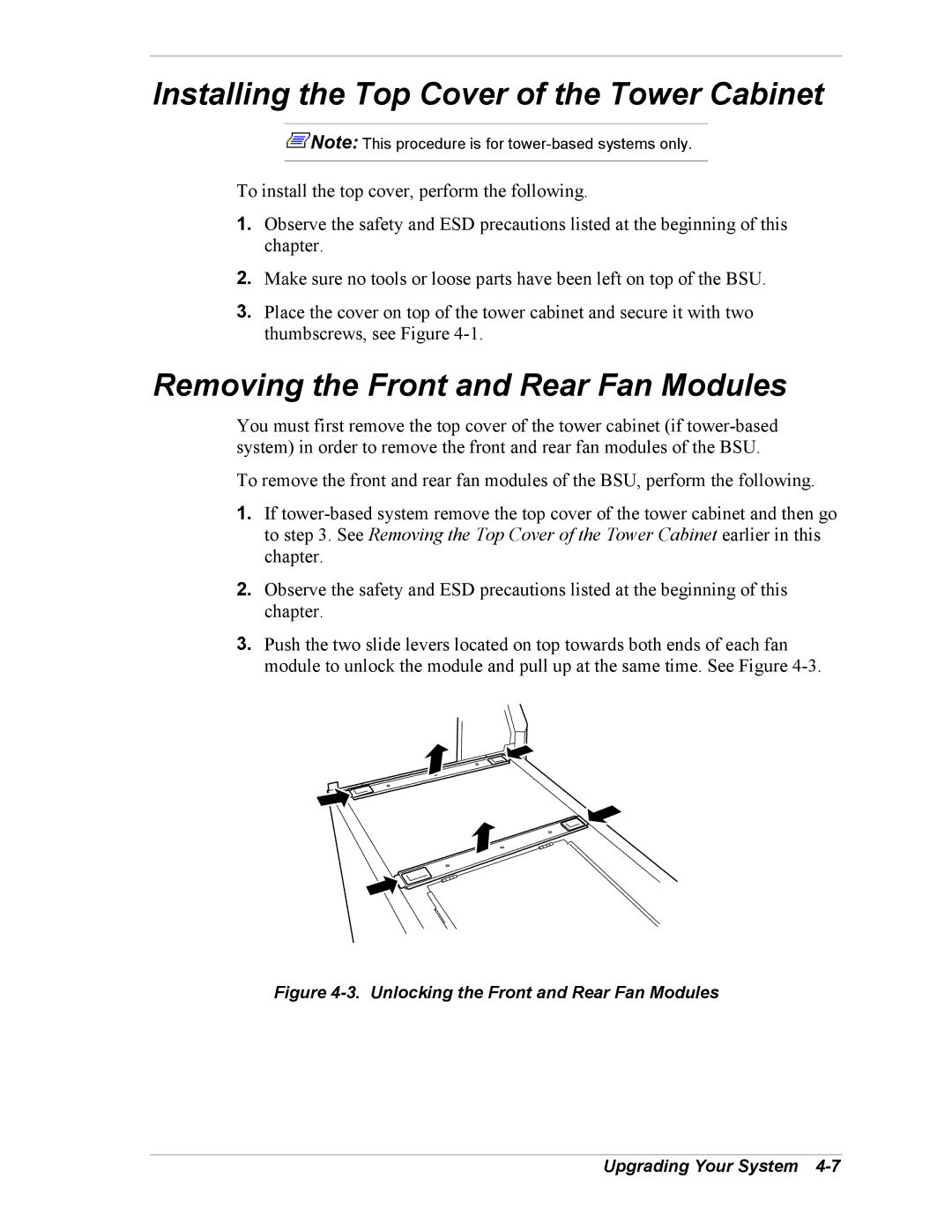 NEC 5800/180Ra-7 manual Installing the Top Cover of the Tower Cabinet, Removing the Front and Rear Fan Modules 