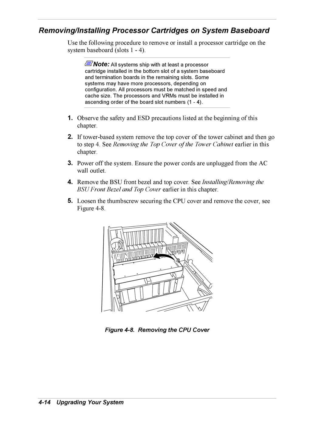 NEC 5800/180Ra-7 manual Removing/Installing Processor Cartridges on System Baseboard 