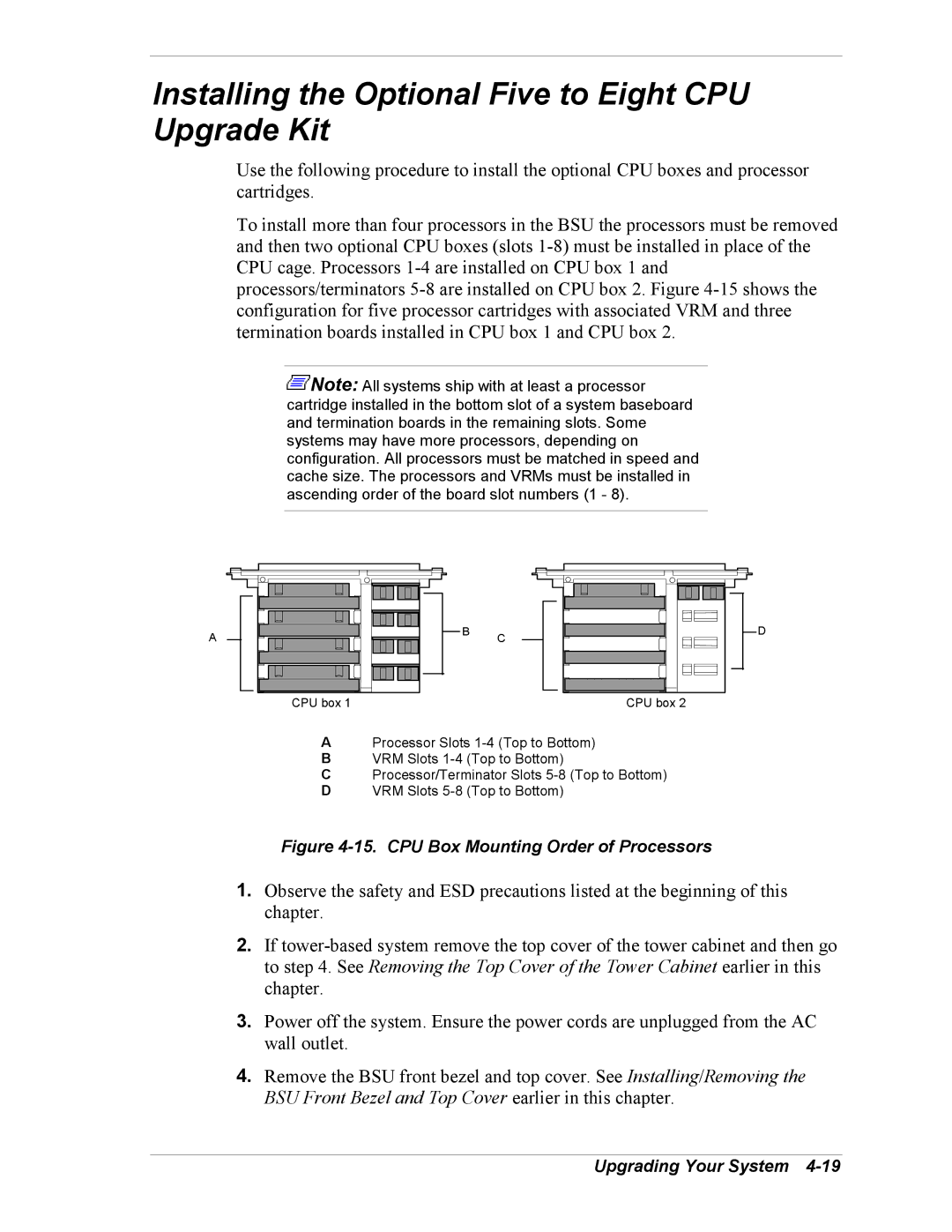 NEC 5800/180Ra-7 manual Installing the Optional Five to Eight CPU Upgrade Kit, CPU Box Mounting Order of Processors 