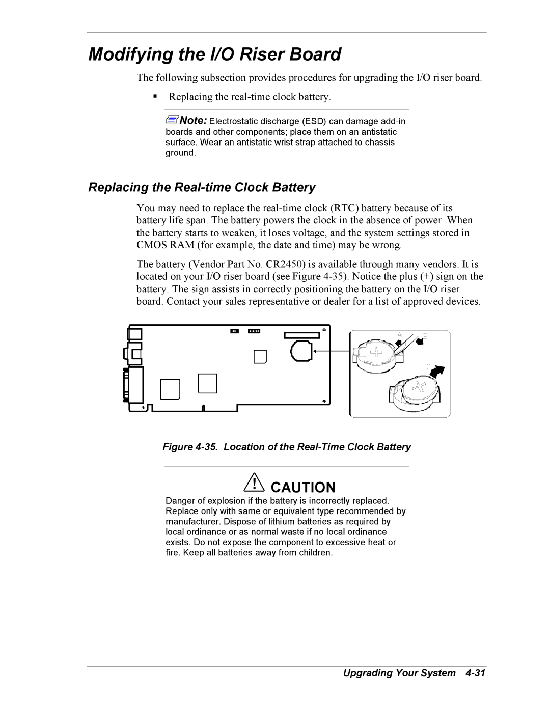 NEC 5800/180Ra-7 manual Modifying the I/O Riser Board, Replacing the Real-time Clock Battery 