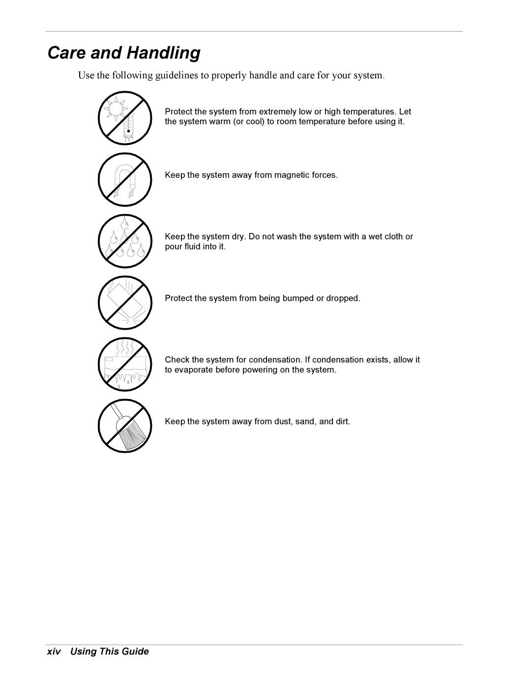 NEC 5800/180Ra-7 manual Care and Handling, Xiv Using This Guide 