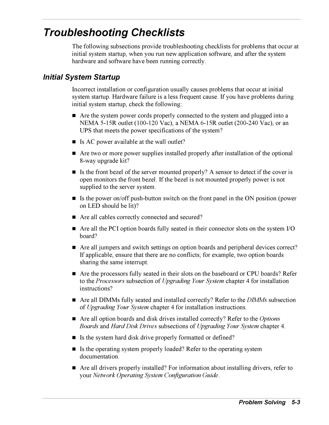 NEC 5800/180Ra-7 manual Troubleshooting Checklists, Initial System Startup 