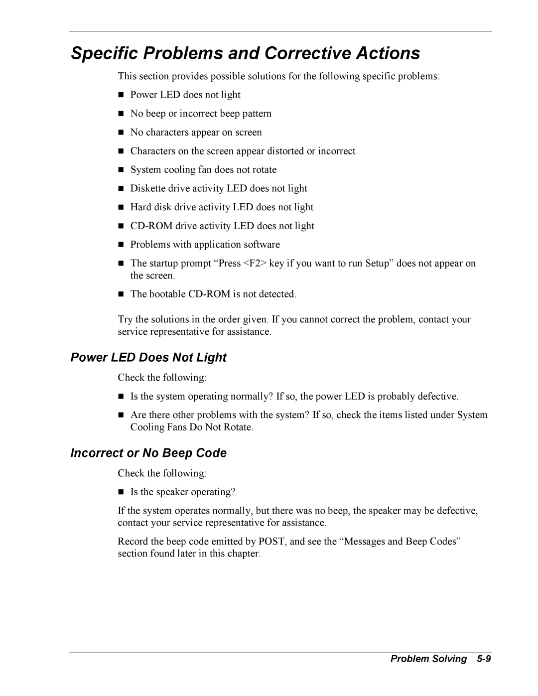 NEC 5800/180Ra-7 manual Specific Problems and Corrective Actions, Power LED Does Not Light, Incorrect or No Beep Code 
