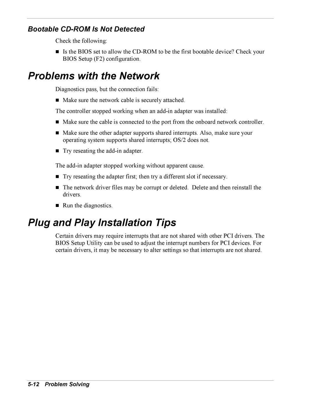 NEC 5800/180Ra-7 manual Problems with the Network, Plug and Play Installation Tips, Bootable CD-ROM Is Not Detected 