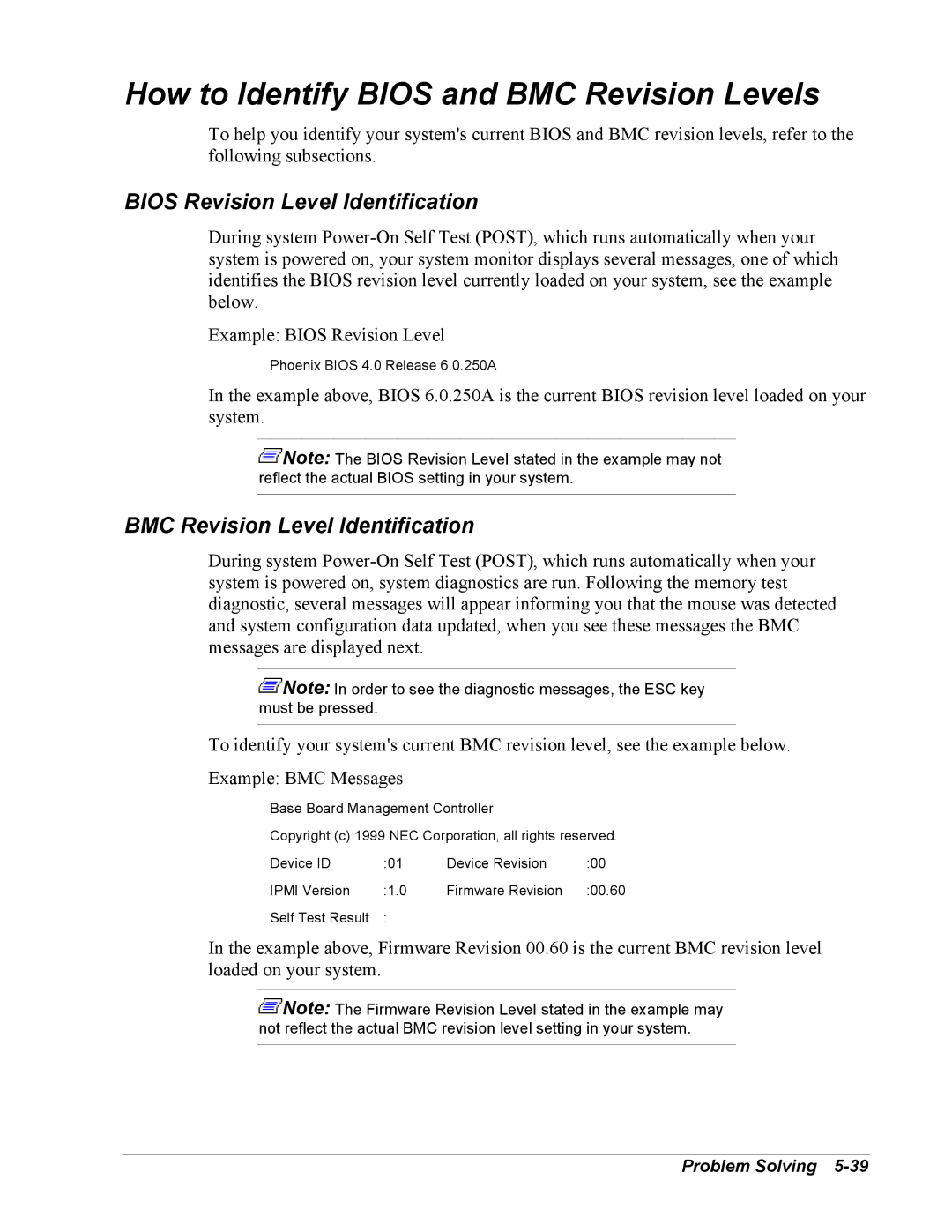 NEC 5800/180Ra-7 manual How to Identify Bios and BMC Revision Levels, Bios Revision Level Identification 