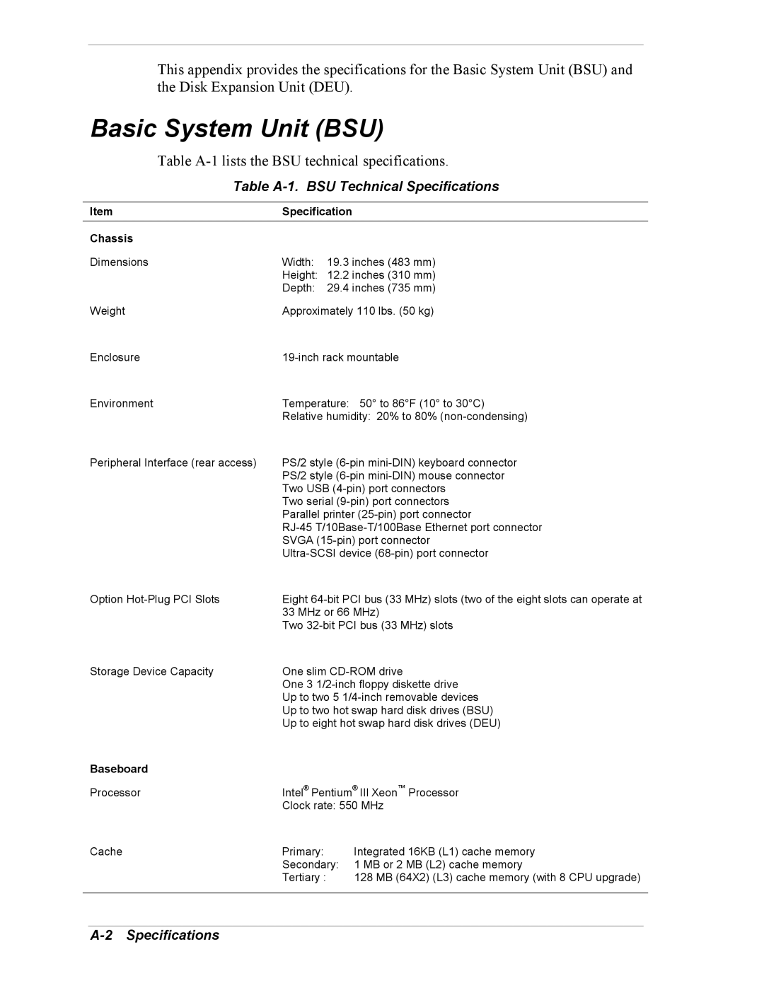 NEC 5800/180Ra-7 manual Basic System Unit BSU, Table A-1. BSU Technical Specifications, Specification Chassis, Baseboard 