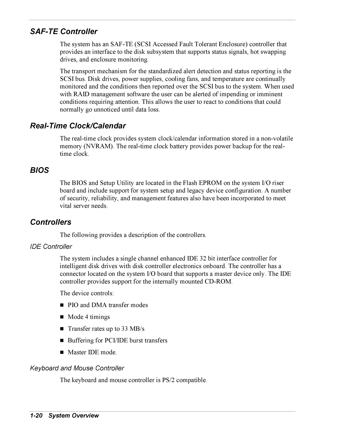 NEC 5800/180Ra-7 SAF-TE Controller, Real-Time Clock/Calendar, Controllers, IDE Controller, Keyboard and Mouse Controller 