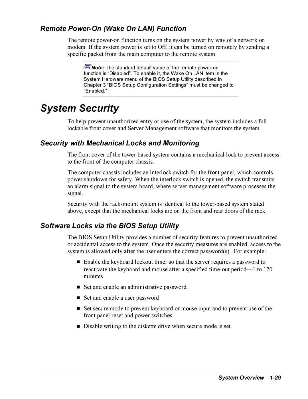 NEC 5800/180Ra-7 System Security, Remote Power-On Wake On LAN Function, Security with Mechanical Locks and Monitoring 