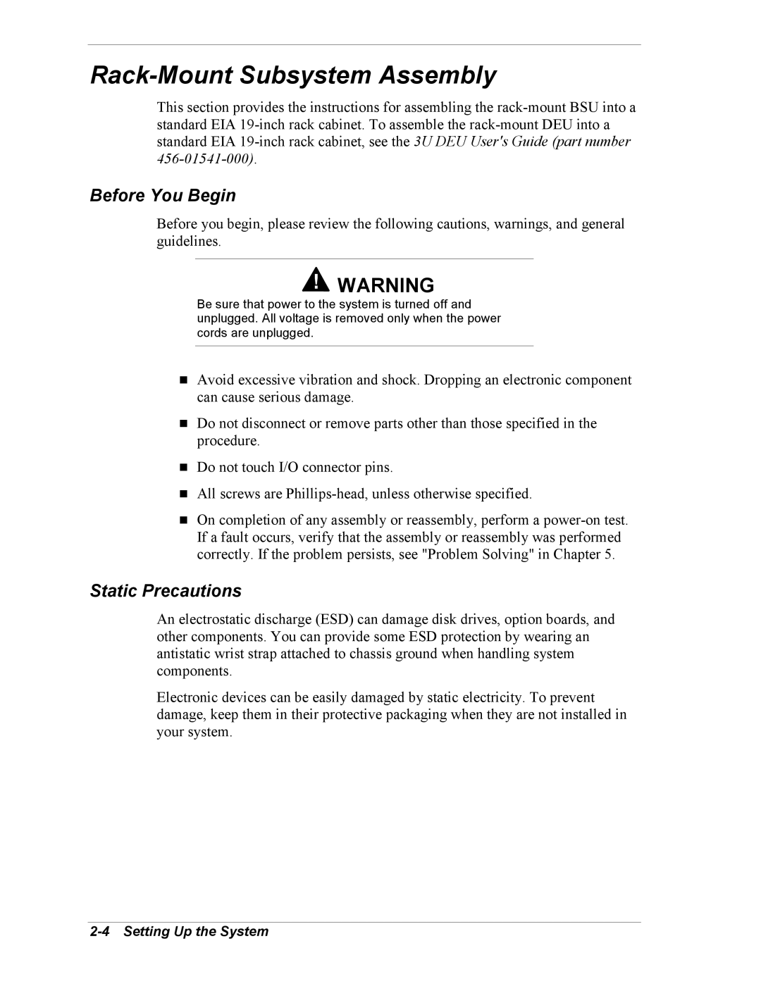 NEC 5800/180Ra-7 manual Rack-Mount Subsystem Assembly, Before You Begin, Static Precautions 