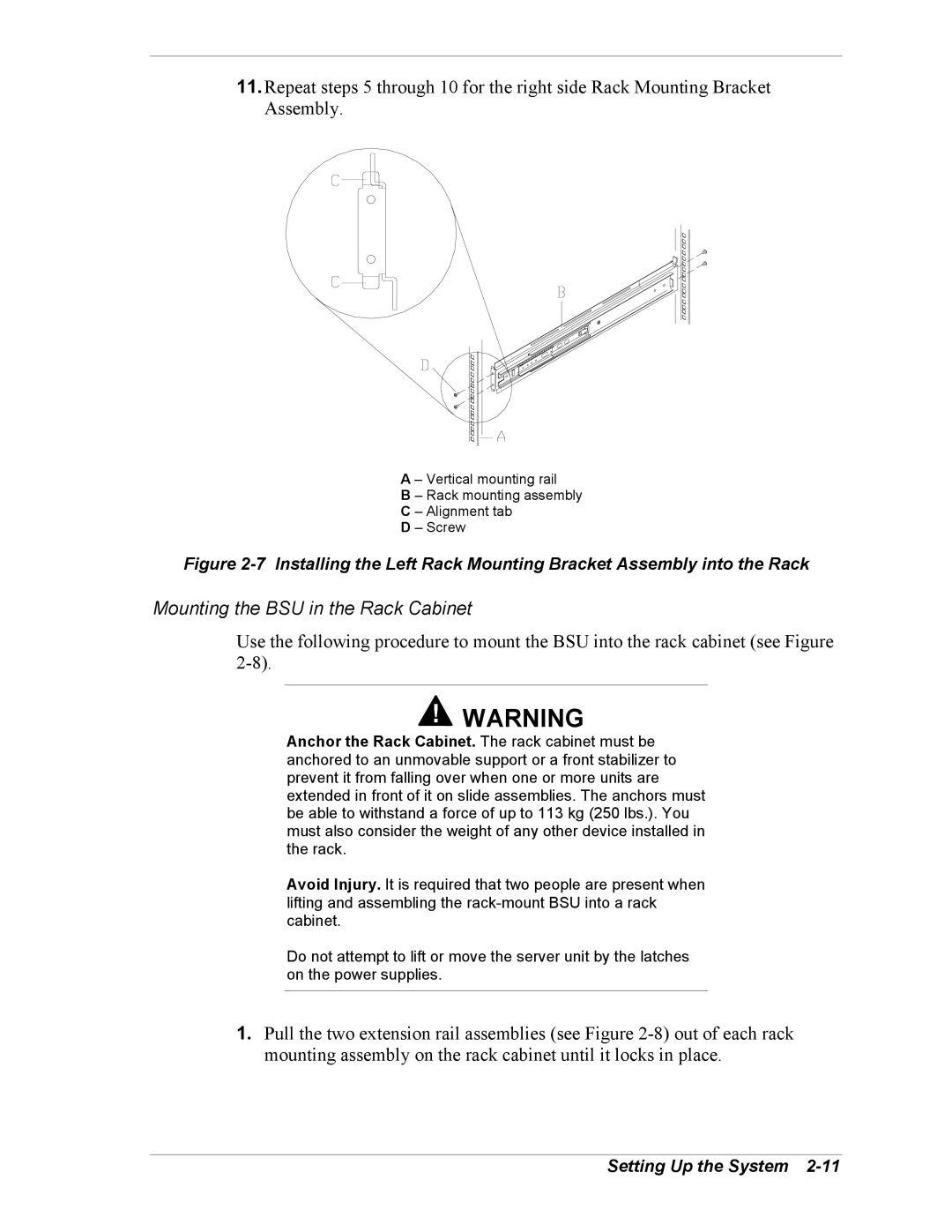 NEC 5800/180Ra-7 manual Mounting the BSU in the Rack Cabinet 