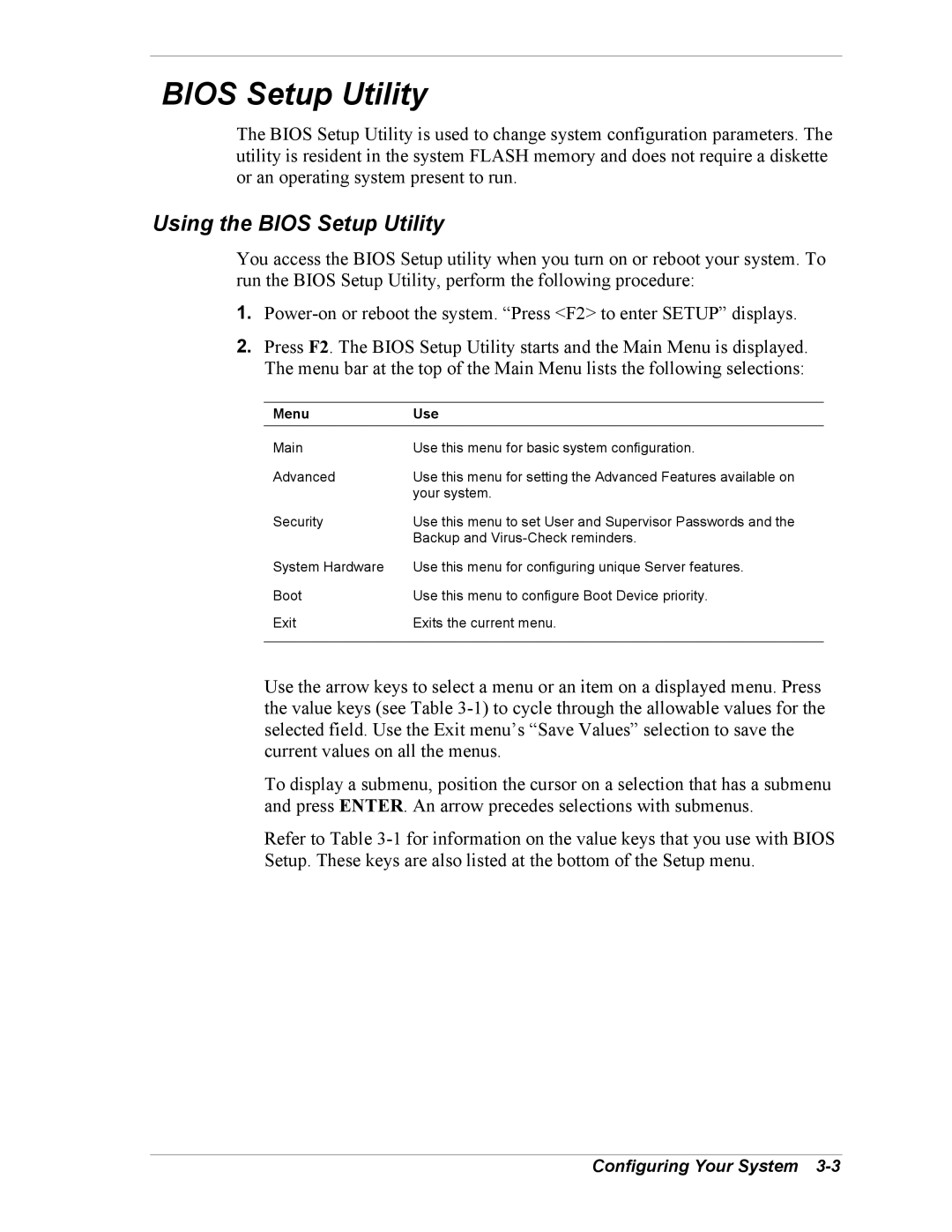 NEC 5800/180Ra-7 manual Using the Bios Setup Utility, Menu Use 