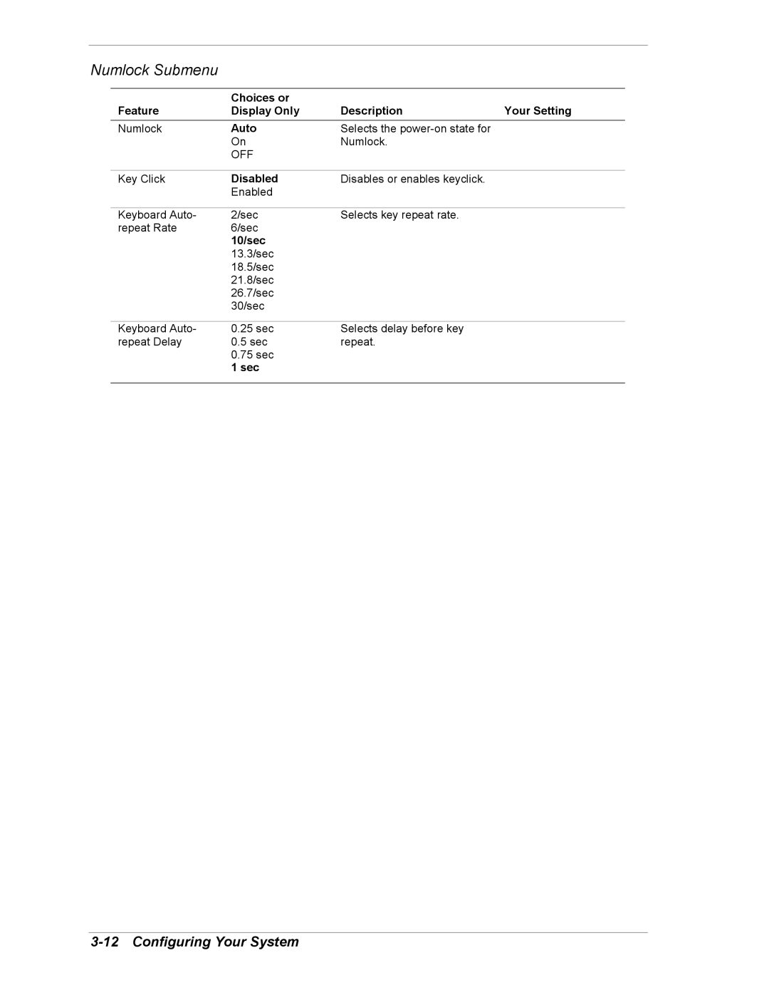 NEC 5800/180Ra-7 manual Numlock Submenu, Auto, 10/sec, Sec 