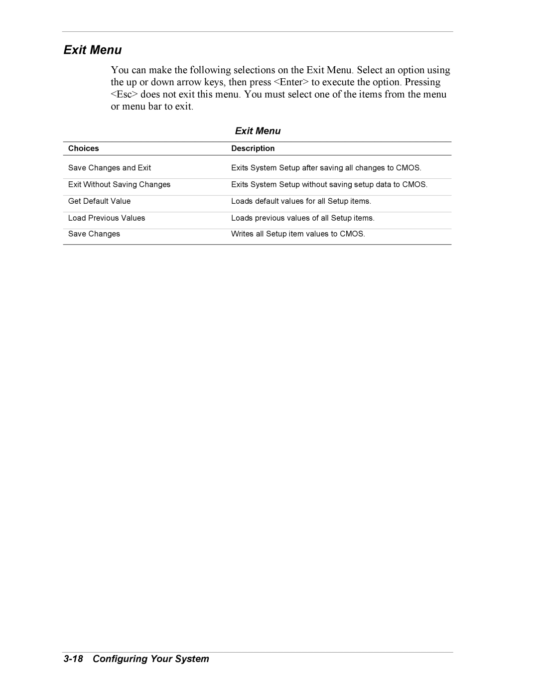 NEC 5800/180Ra-7 manual Exit Menu, Choices Description 