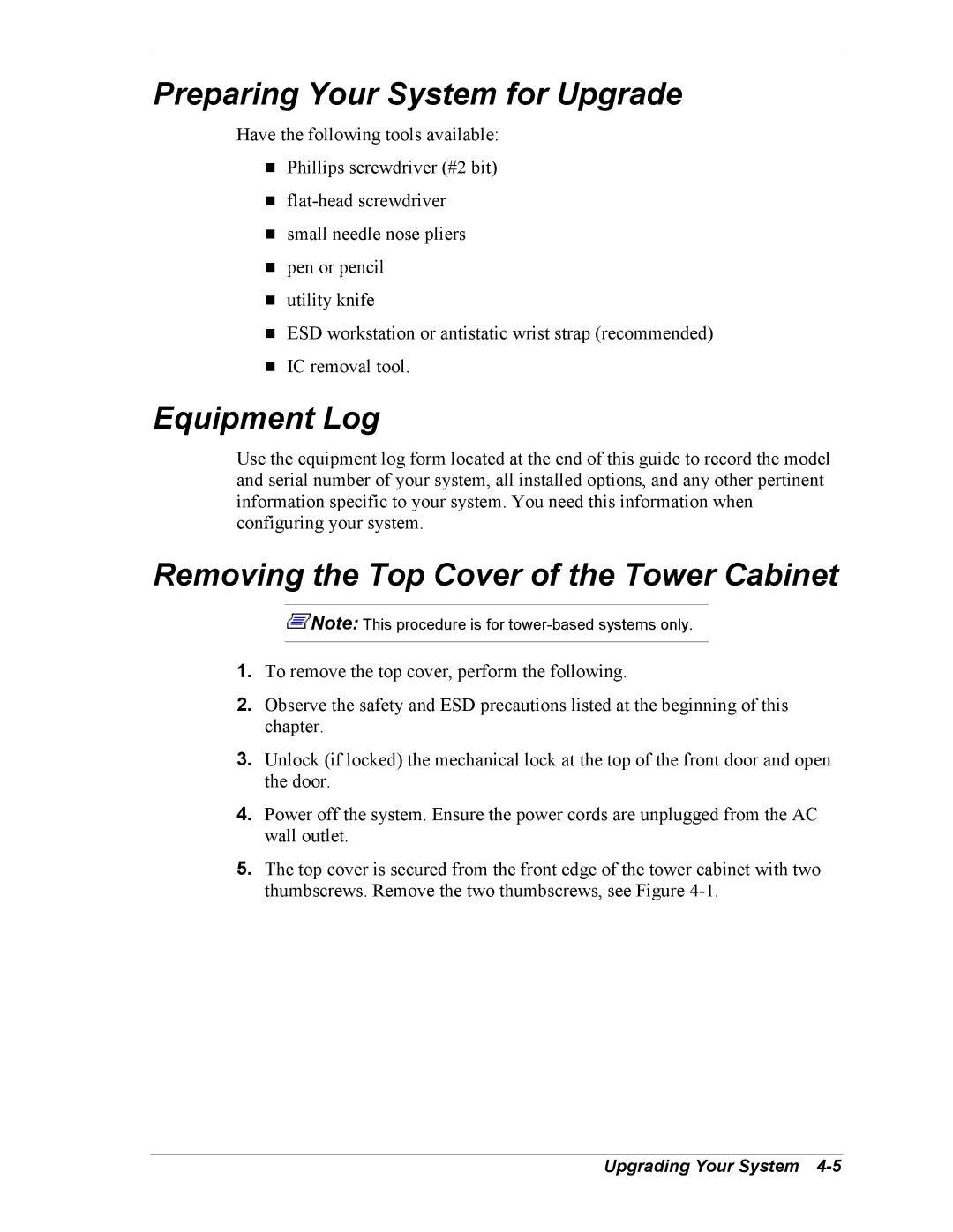 NEC 5800/180Ra-7 manual Preparing Your System for Upgrade, Equipment Log, Removing the Top Cover of the Tower Cabinet 