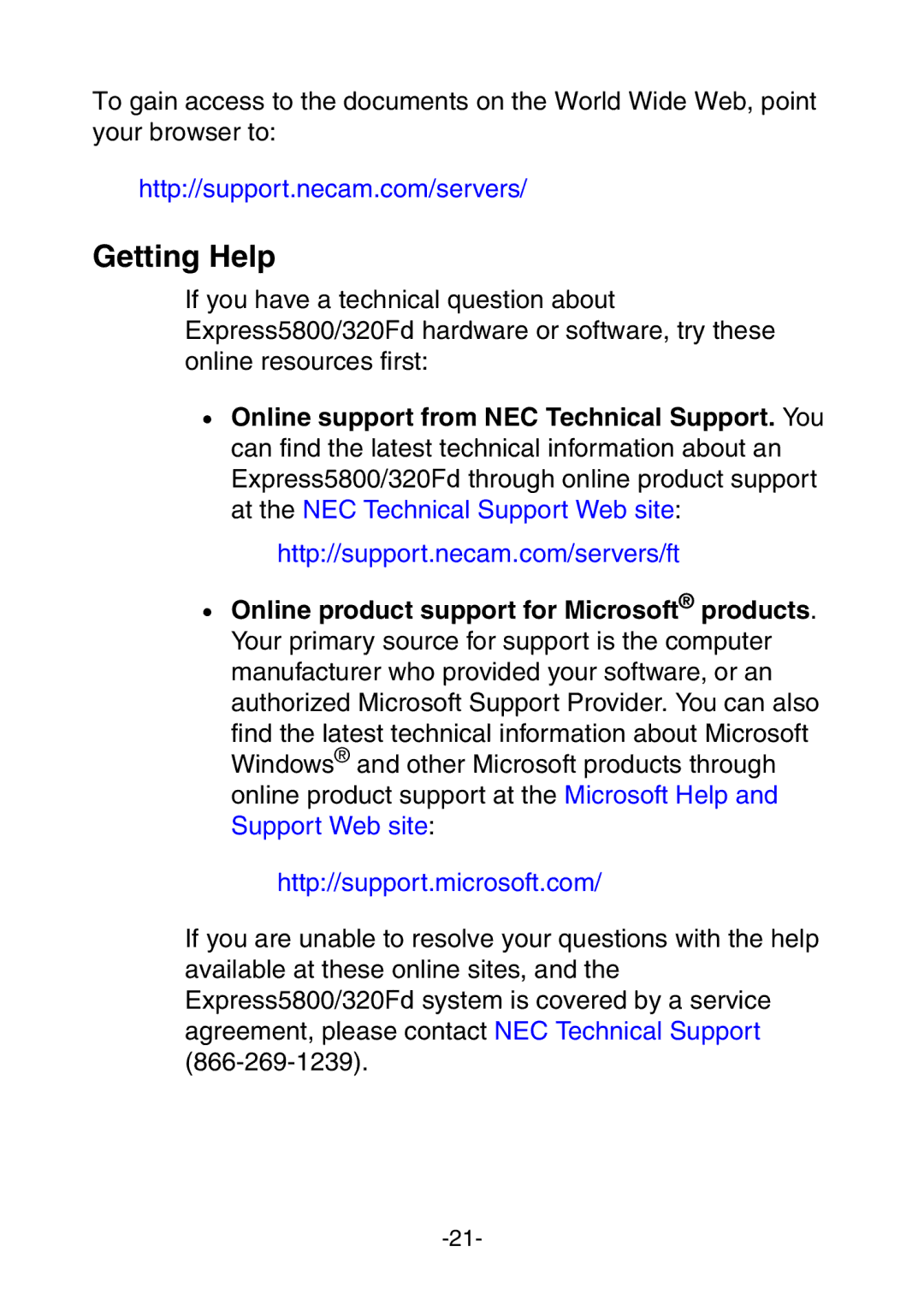 NEC 5800/320Fd manual Getting Help, Online support from NEC Technical Support. You 