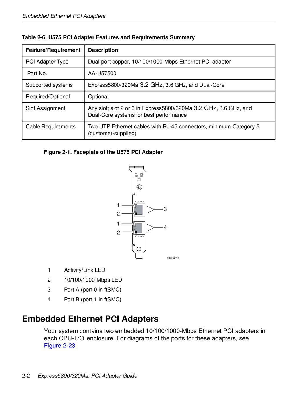 NEC 5800/320MA manual Embedded Ethernet PCI Adapters, Faceplate of the U575 PCI Adapter 