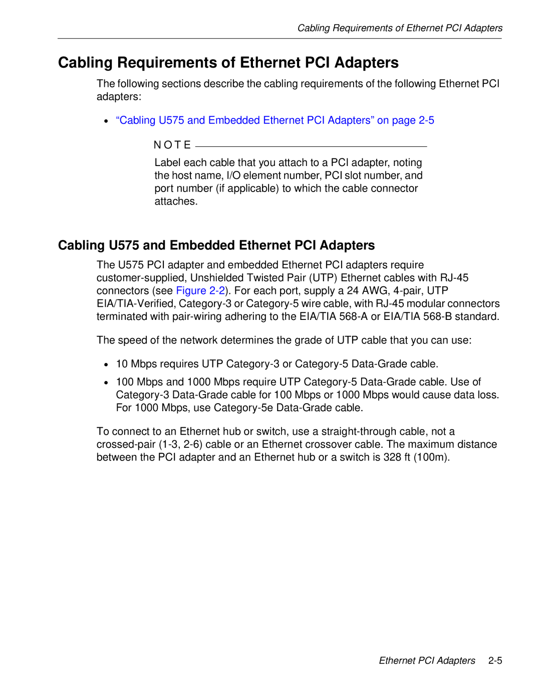 NEC 5800/320MA manual Cabling Requirements of Ethernet PCI Adapters, Cabling U575 and Embedded Ethernet PCI Adapters 